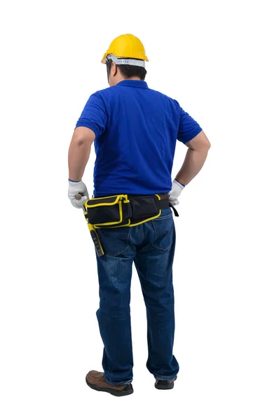 保護手袋を持つ青いシャツを着た建設男性労働者、 — ストック写真