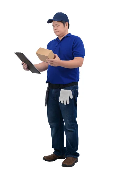 Asiático entrega hombre trabajando en azul camisa con cintura bolsa para equi —  Fotos de Stock