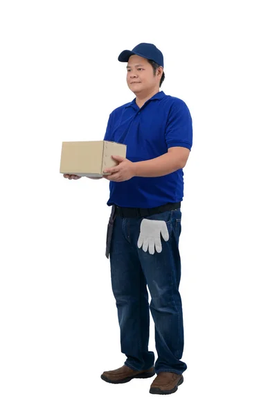 Muž s asijským doručením pracující v modrém triku s kabelou pro ekvivalentní — Stock fotografie