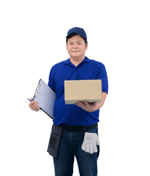 Ásia entrega homem trabalhando no azul camisa com cintura saco para equi — Fotografia de Stock