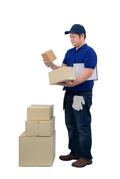 Asiático entrega hombre trabajando en azul camisa con cintura bolsa para equi —  Fotos de Stock