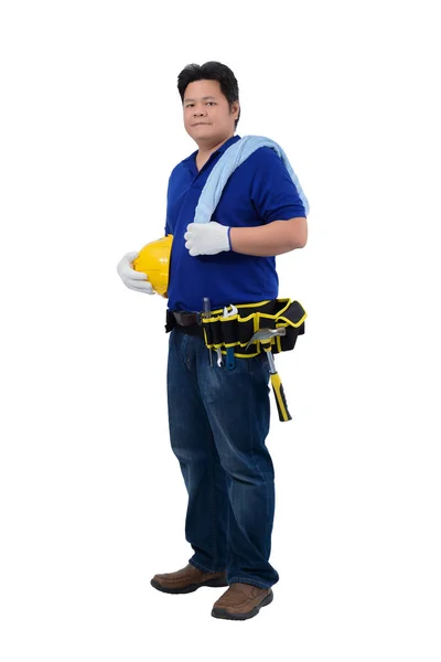 Trabalhadores do homem da construção na camisa azul com luvas protetoras, h — Fotografia de Stock