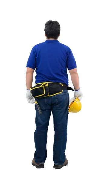 Stavební pracovníci na modré košili s ochrannými rukavicemi h — Stock fotografie