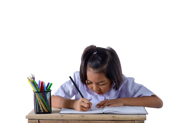 Okul üniforması asyalı kız portresi renk p ile çiziyor — Stok fotoğraf