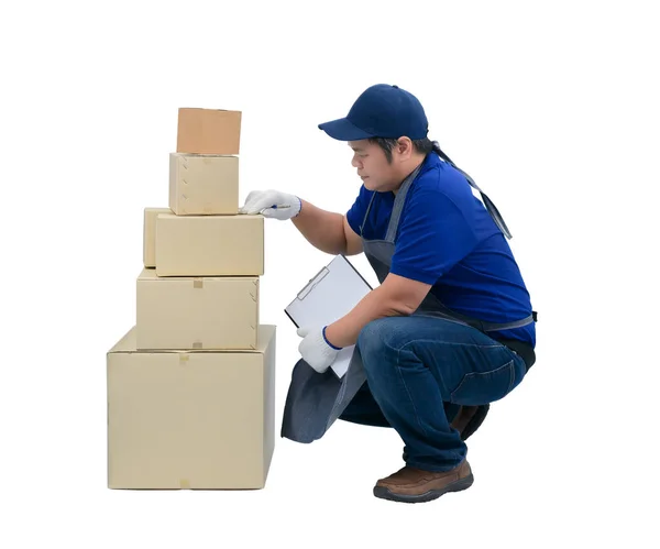 Asiático entrega hombre trabajando en azul camisa delantal, protector guante — Foto de Stock