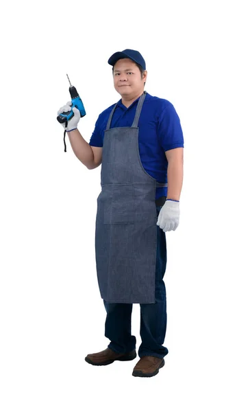 Asiático trabajador hombre en azul camisa con delantal y protector guantes —  Fotos de Stock