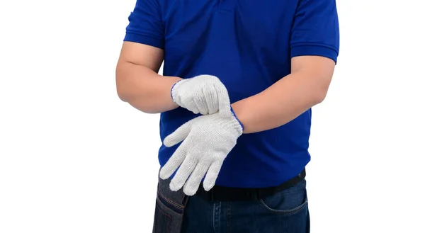 Ekipman için bel çantası ile mavi gömlek Asya adam işçisi — Stok fotoğraf