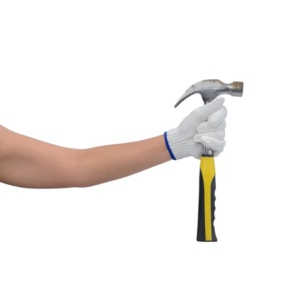 Asian woman worker with protective gloves hand holding hammer is — Stock Photo, Image