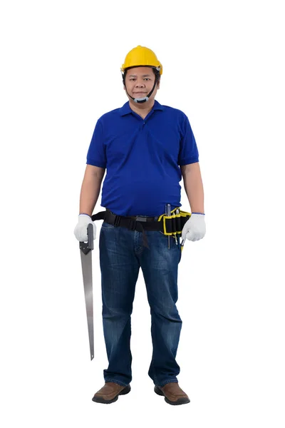 Строитель рабочих в синей рубашке с защитными перчатками, ч — стоковое фото