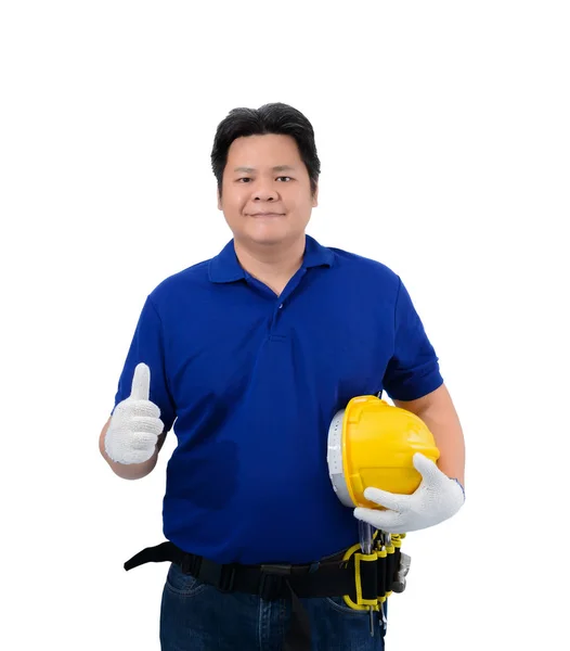 Robotnicy budowlani w niebieskiej koszulce z rękawicami ochronnymi, h — Zdjęcie stockowe