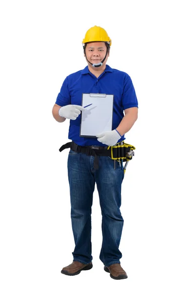 Stavební mistr v modré košili s ochrannými rukavicemi, Helme — Stock fotografie