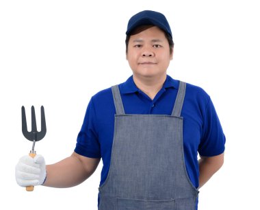 Apron ve koruyucu eldiven ile mavi gömlek Asyalı işçi adam 