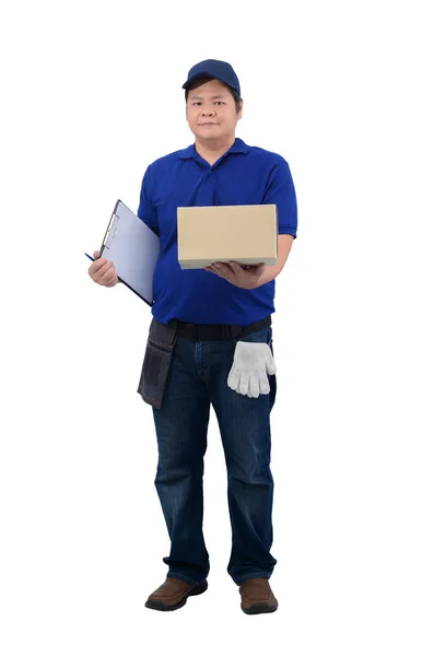 Aziatische delivery man werken in blauw shirt met taille tas voor equi — Stockfoto