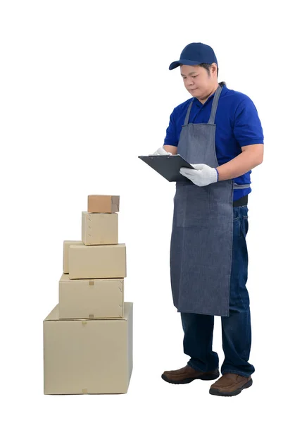 Ásia entrega homem trabalhando no azul camisa avental, protetora luva — Fotografia de Stock