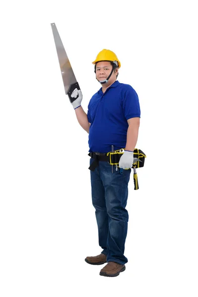 Stavební pracovníci na modré košili s ochrannými rukavicemi h — Stock fotografie