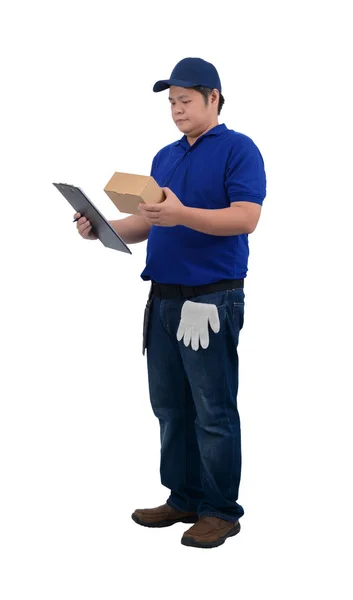 Ασιάτης/ισσα παράδοση άνθρωπος που εργάζονται σε μπλε πουκάμισο με τσάντα μέσης για equi — Φωτογραφία Αρχείου