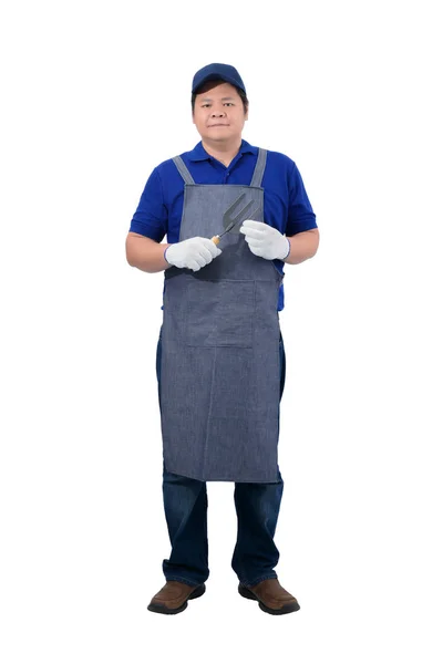 Apron ve koruyucu eldiven ile mavi gömlek Asyalı işçi adam — Stok fotoğraf