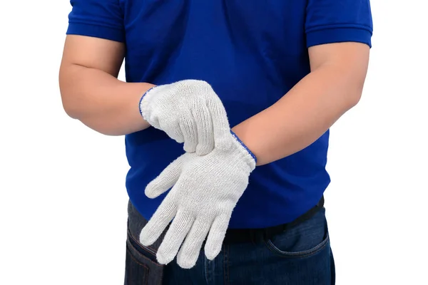 Ázsiai ember munkavállaló kék inget derék zsák berendezések — Stock Fotó