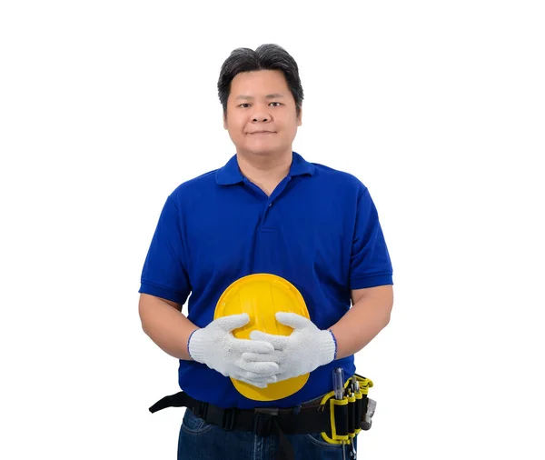 Trabajadores de la construcción hombre en camisa azul con guantes de protección, h —  Fotos de Stock
