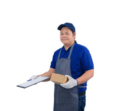 asya teslimat adam apron ve protecti ile mavi gömlek çalışan