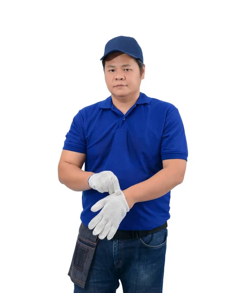 Азіатський працівник у синій сорочці з сумкою для талії для обладнання є — стокове фото