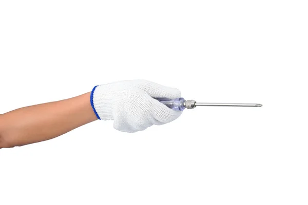 Asian woman worker with protective gloves hand holding screwdriv — Stock Photo, Image