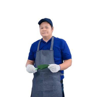 Apron ve koruyucu eldiven ile mavi gömlek Asyalı işçi adam 