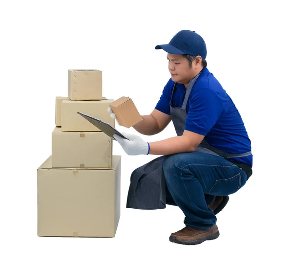 Asiático entrega hombre trabajando en azul camisa delantal, protector guante —  Fotos de Stock