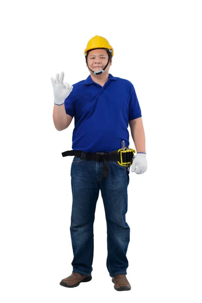 Trabajadores de la construcción hombre en camisa azul con guantes de protección, h — Foto de Stock