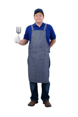 Apron ve koruyucu eldiven ile mavi gömlek Asyalı işçi adam 