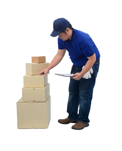 Asiático entrega hombre trabajando en azul camisa es chequeo o contando —  Fotos de Stock