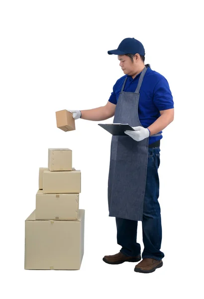 Asiático entrega hombre trabajando en azul camisa delantal, protector guante —  Fotos de Stock