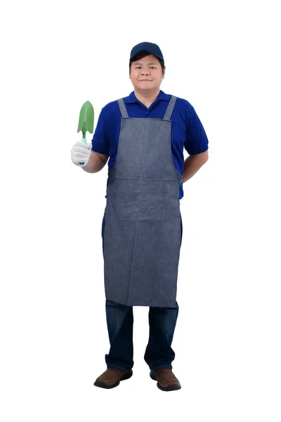 Apron ve koruyucu eldiven ile mavi gömlek Asyalı işçi adam — Stok fotoğraf