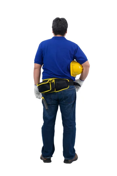 Byggarbetare i blå skjorta med skyddshandskar, h — Stockfoto