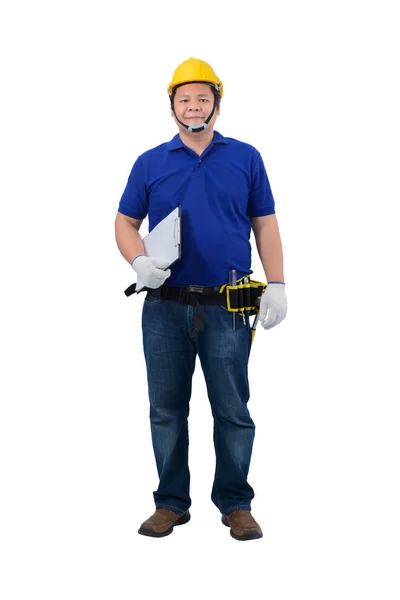 Capataz de la construcción en camisa azul con guantes de protección, helme — Foto de Stock