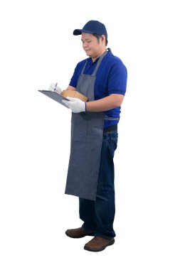 asya teslimat adam apron ve protecti ile mavi gömlek çalışan