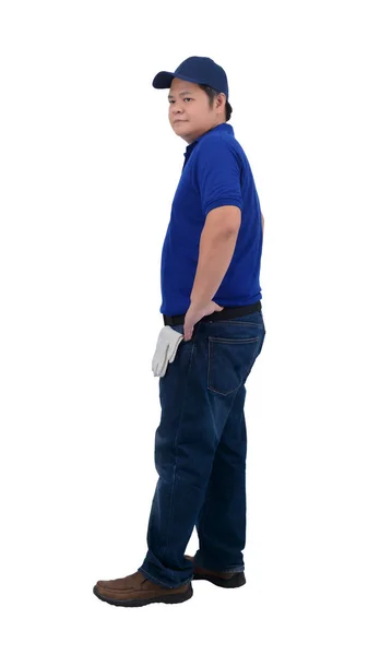 Азіатський чоловік доставки, що працює в синій сорочці з сумкою для талії для equi — стокове фото