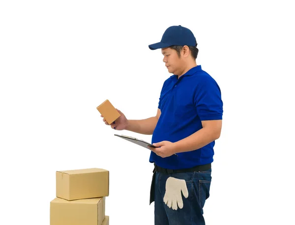 Asiático entrega hombre trabajando en azul camisa con cintura bolsa para equi — Foto de Stock