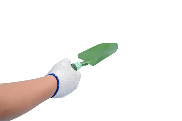 Hand Worker man med skyddshandskar hand hållande spade Isola — Stockfoto