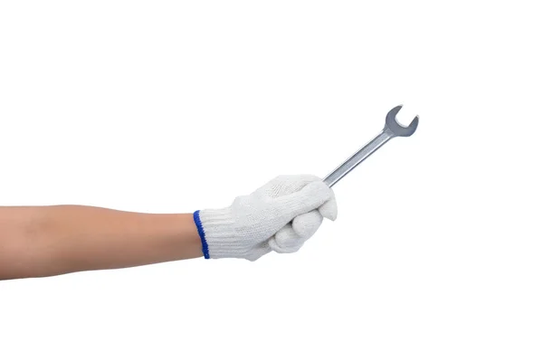 Asian woman worker with protective gloves hand holding wrench is — Stock Photo, Image