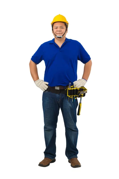 Trabajadores de la construcción hombre en camisa azul con guantes de protección, h — Foto de Stock