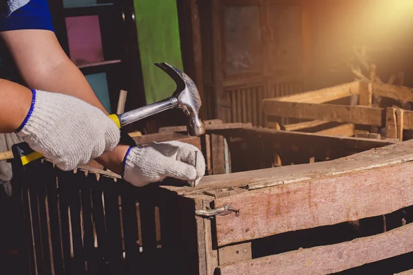 Construction man workers in blue shirt with Protective gloves wo — Stock Photo, Image