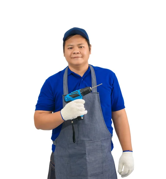 Asian worker man in blue shirt with apron and protective gloves Stock Picture