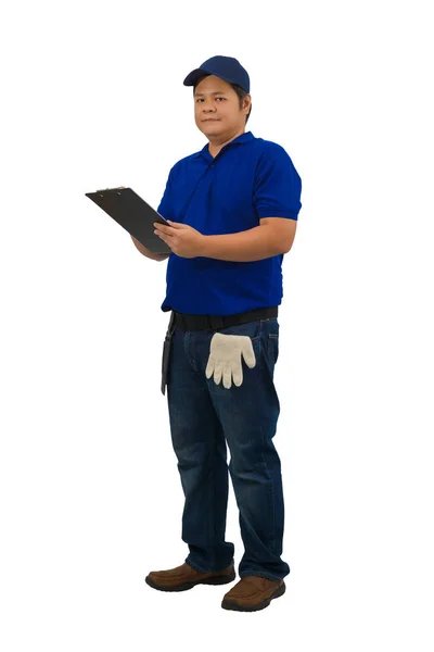 Aziatische delivery man werken in blauw shirt met taille tas voor equi — Stockfoto