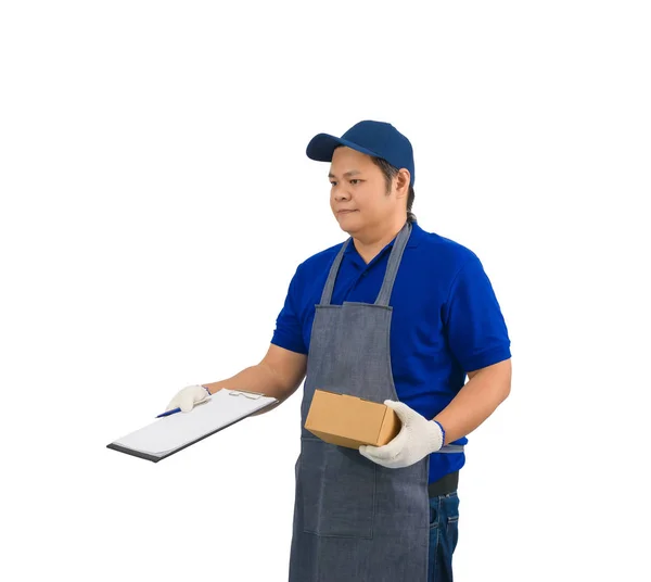 Азіатський чоловік доставки працює в синій сорочці з фартухом і захистом — стокове фото