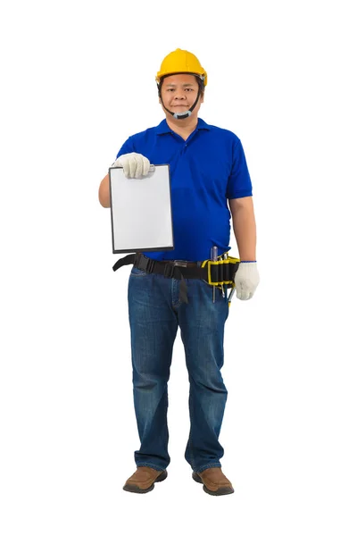 Bouw voorman in blauw overhemd met beschermende handschoenen, Helme — Stockfoto