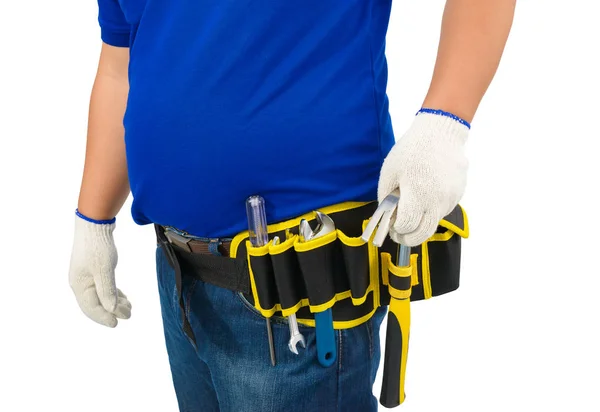 보호 장갑을 가진 파란색 셔츠에 건설 남자 노동자, h — 스톡 사진