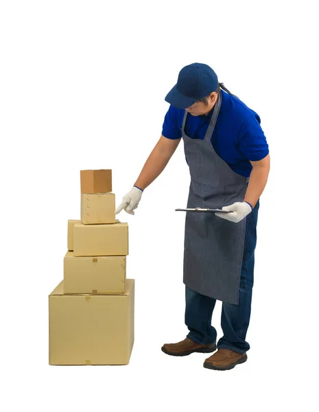 Ασιάτης/ισσα παράδοση άνθρωπος εργασία σε μπλε πουκάμισο ποδιά, προστατευτικό γάντι — Φωτογραφία Αρχείου