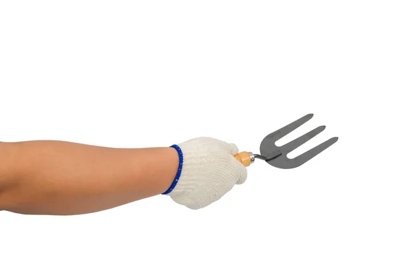 Asiatisk arbetare man med skyddshandskar hand hålla skotta gaffel isolerade — Stockfoto