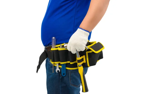 Bouw man werknemers in blauw overhemd met beschermende handschoenen — Stockfoto